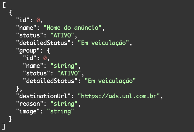 Exemplo de resposta da API de UOL ads